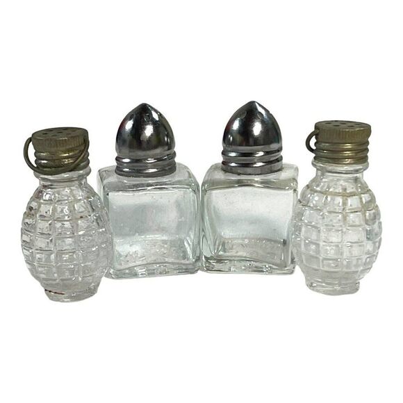 Lot of 4 Mini Bullet Top And Grenade Like Salt  Pepper Shakers Cut Pressed Glass - Picture 1 of 5